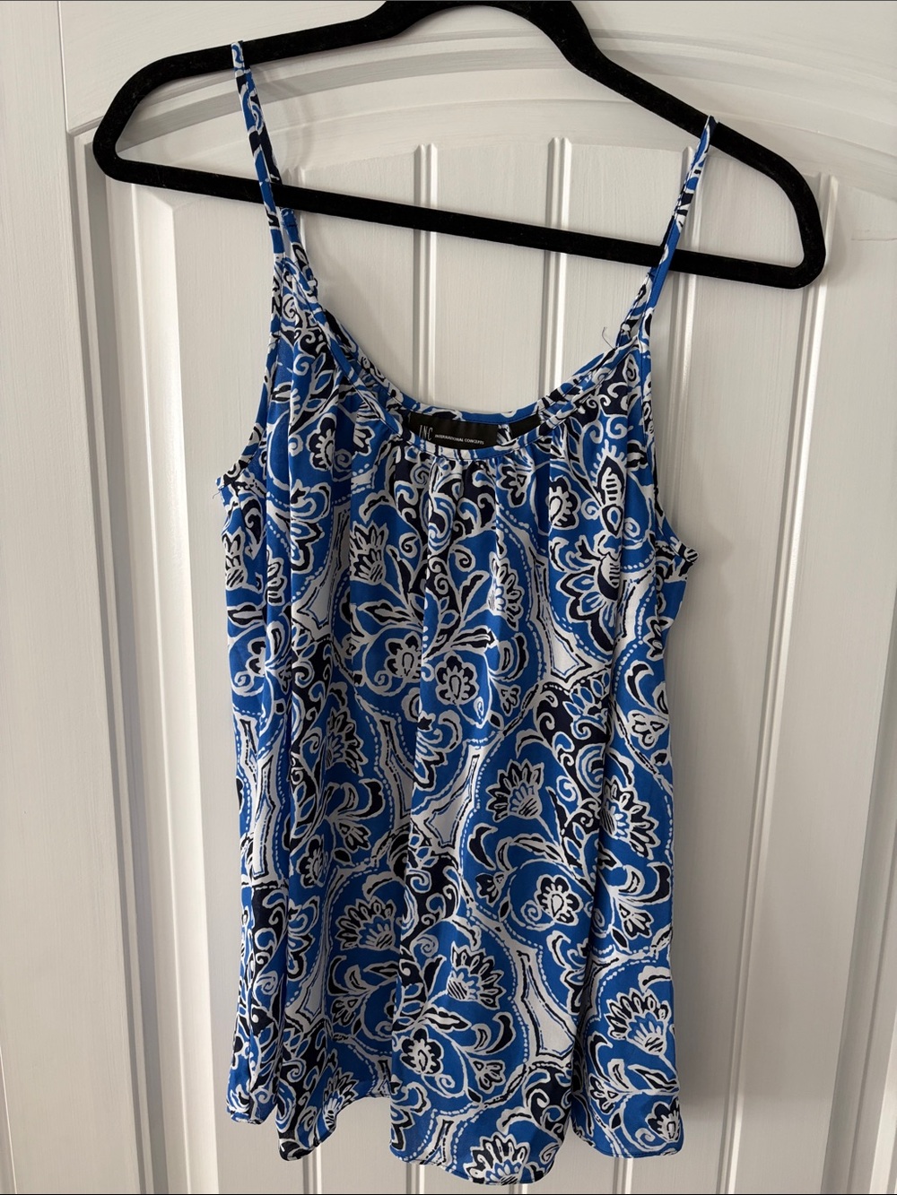 INC International Concepts Blue and White Printed Spaghetti Strap Tank